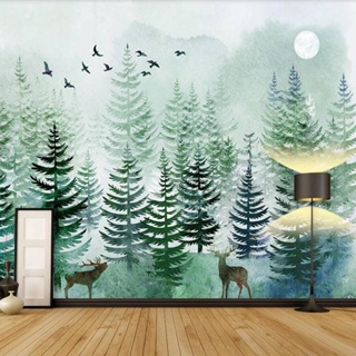 วอลเปเปอร์ติดผนัง ลายกวางเอลก์ ป่า สีเขียว 3D สไตล์นอร์ดิก สําหรับห้องนอน ห้องนั่งเล่น โซฟา พื้นหลังทีวี