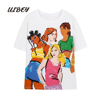 Uibey เสื้อคอกลม พิมพ์ลาย ทรงหลวม แฟชั่น สําหรับเด็กผู้หญิง 169