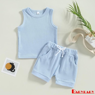Babybaby- เสื้อกล้าม คอกลม สีพื้น ฤดูร้อน สําหรับเด็ก + กางเกงขาสั้น เอวยางยืด