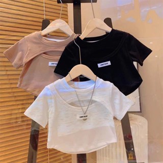 Girls summer wear short-sleeved childrens stylish slim blouse 2023 new fashionable hollow short style female summer hair