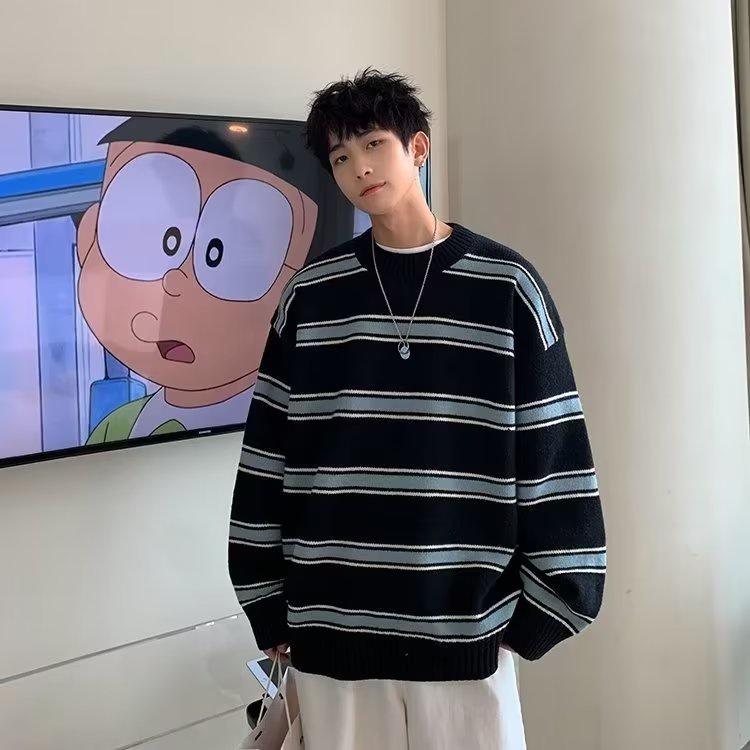 yipinyouyou-เสื้อสเวตเตอร์ผู้ชายแขนยาวแฟชั่นลำลองญี่ปุ่นลายทางหลวมคอกลมสไตล์ฮ่องกงย้อนยุคเสื้อแขนยาวถักใส่ได้ทั้งชายและหญิง
