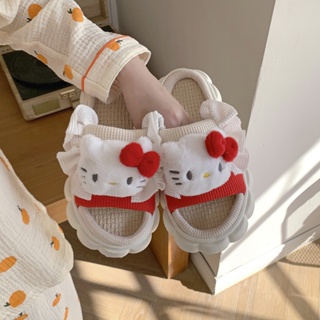 รองเท้าแตะ ผ้าลินิน พื้นหนา ระบายอากาศได้ดี ลายการ์ตูน Hello Kitty Kt Cat Kuromi Cinnamon Dog เหมาะกับใส่ในบ้าน แฟชั่นฤดูใบไม้ผลิ และฤดูร้อน สําหรับเด็กผู้หญิง