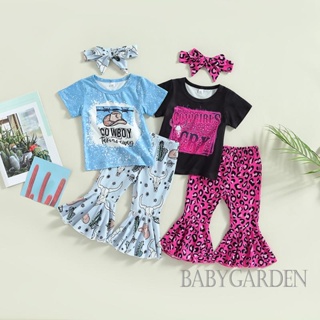 Babygarden-6m-4y ชุดเสื้อผ้าเด็กทารก เสื้อแขนสั้น + กางเกงขาบาน พิมพ์ลายเสือดาว / กระทิง + ที่คาดผม