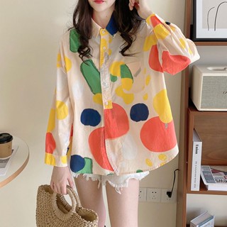 เสื้อเชิ้ตแขนยาว พิมพ์ลายกราฟฟิติ สีพื้น สไตล์เกาหลี สําหรับผู้หญิง
