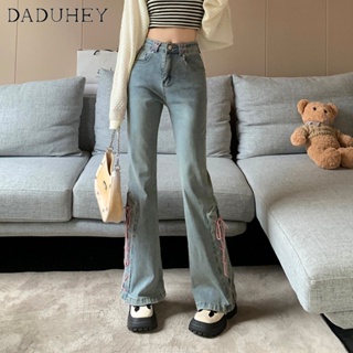 DaDuHey🎈 Women New Korean Style INS Stitching Jeans  High Waist Micro Flared Pants Large Size Cropped Pants