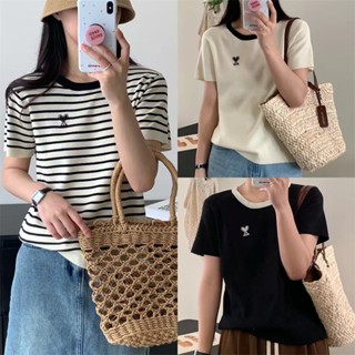 [พร้อมส่ง] เสื้อยืดแขนสั้น ผ้าถัก ทรงหลวม สไตล์เกาหลี แฟชั่นฤดูร้อน 3 สี