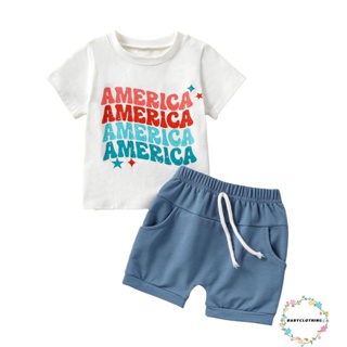 Babyclothes-4th of July ชุดเสื้อยืดคอกลม แขนสั้น พิมพ์ลายตัวอักษร ดาว และกางเกงขาสั้น เอวยางยืด แฟชั่นฤดูร้อน สําหรับเด็กผู้ชาย 2 ชิ้น