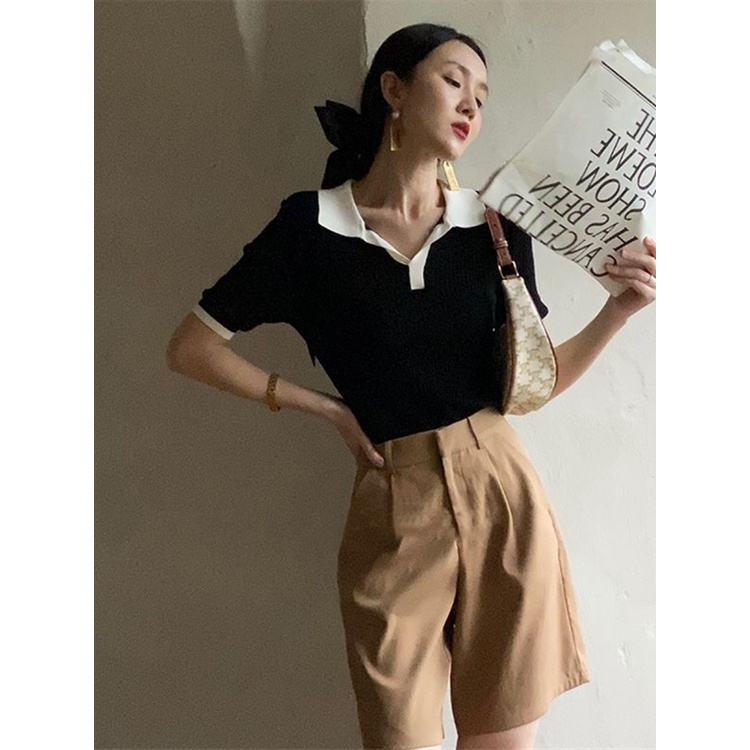 เสื้อโปโลแขนสั้น-คอปก-แบบเรียบ-แฟชั่นฤดูร้อน-สําหรับผู้หญิง