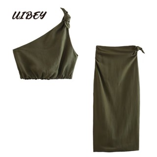 Uibey เสื้อท็อป คอเฉียง ผูกปม + กระโปรงยาวครึ่งหนึ่ง 9477