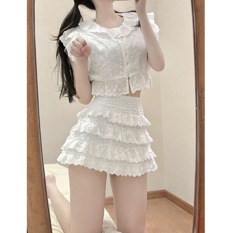 2023-คอลเล็คชั่นใหม่ในฤดูร้อน-เสื้อเชิ๊ตเอวสูง-กระโปรงเค้ก-หวานหวาน-2-ชุด