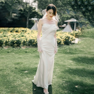 ชุดแต่งงานเกาหลีเรียบง่ายผ้าซาตินแขนกุดเจ้าสาวเซ็กซี่ริมทะเลสนามหญ้าแต่งงานฮันนีมูนเดินทางชุดสีขาว