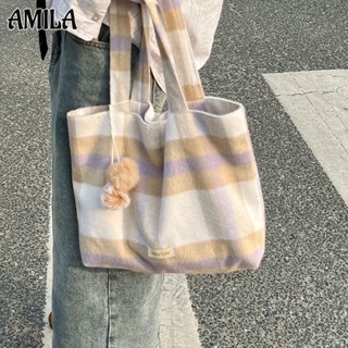 AMILA กระเป๋าสะพายไหล่ ตรวจสอบผ้าขนสัตว์ เรียบง่ายและหลากหลายแบบสบายๆ กระเป๋านักเรียนเดินทาง ความจุสูง