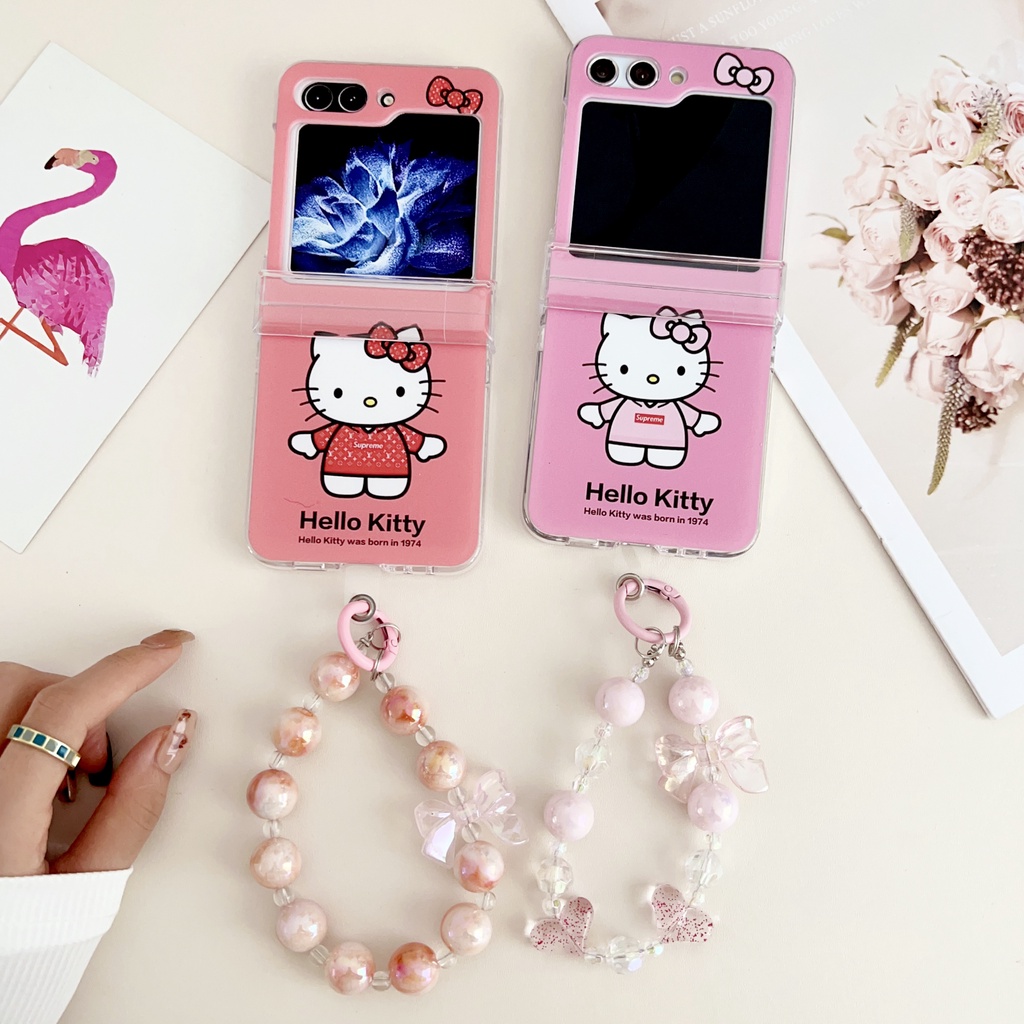 เคสโทรศัพท์มือถือแบบแข็ง-กันกระแทก-ลายการ์ตูนเฮลโลคิตตี้-พร้อมสายโซ่คล้อง-สําหรับ-samsung-galaxy-z-flip5-5g-3in1-z-flip-3-flip-4