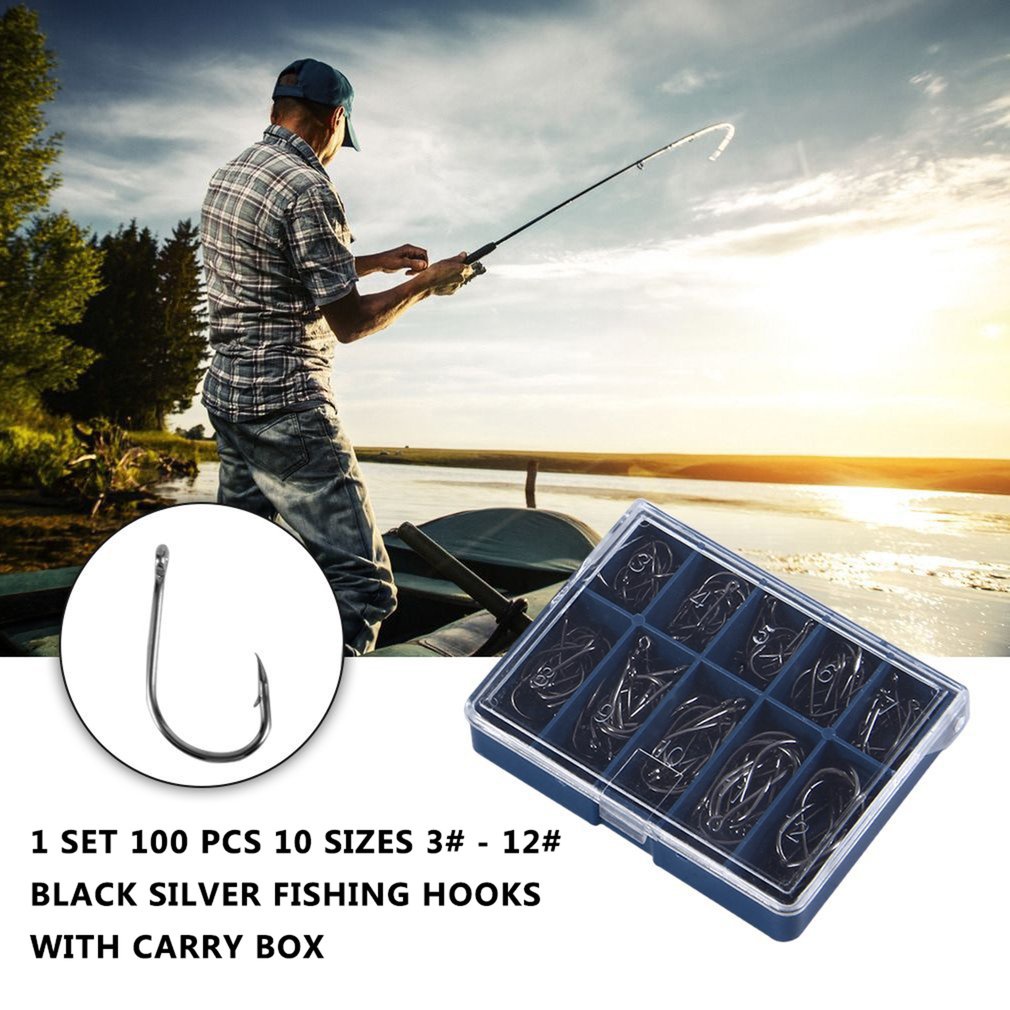 1-set-100-pcs-10-sizes-3-12-black-silver-fishing-hooks-with-carry-box