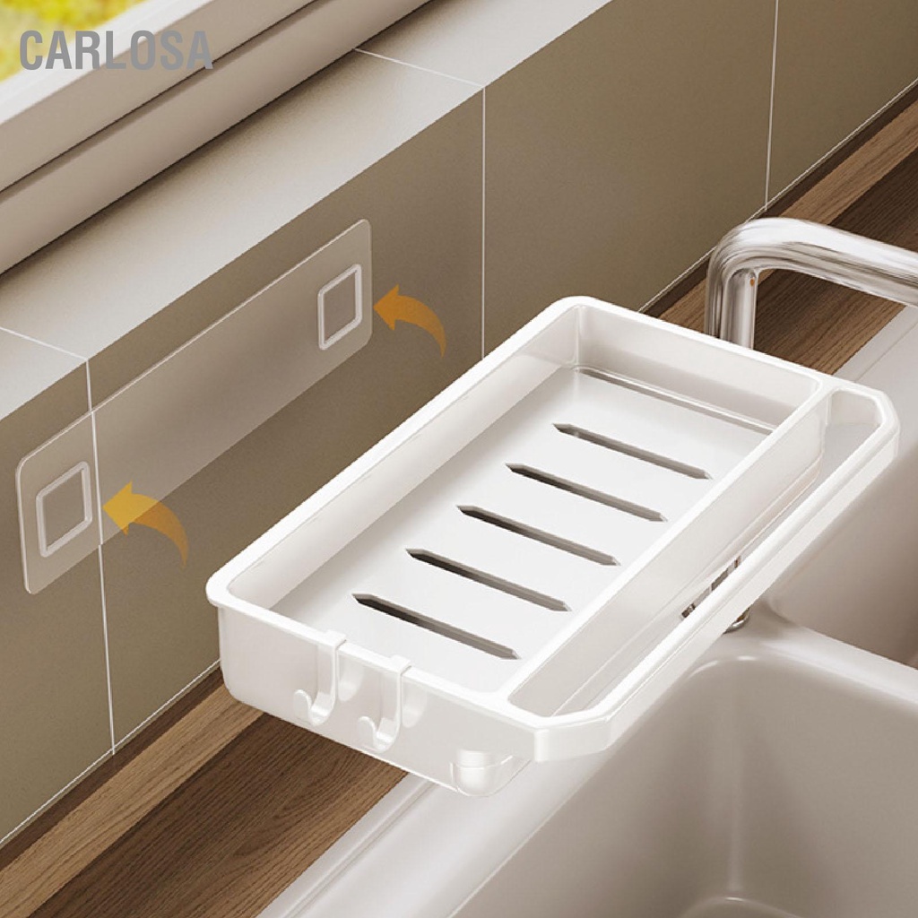 carlosa-ชั้นวางท่อระบายน้ำสำหรับห้องครัวสีขาวพร้อมตะขอแขวน-2-อันไม่มีผ้าเช็ดทำความสะอาด-faucet-แบบเจาะติดผนัง