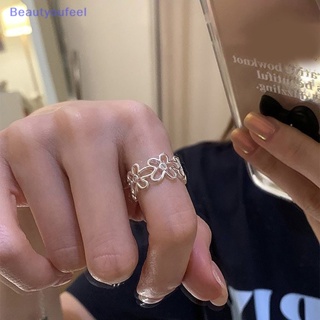 [Beautyoufeel] แหวนนิ้วมือแฟชั่น ลายดอกไม้ สีเงิน ขนาดเล็ก ปรับได้ สไตล์วินเทจ