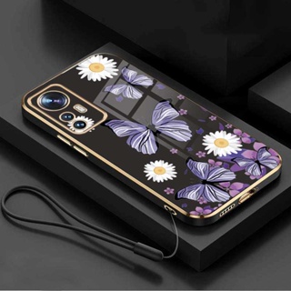 เคสโทรศัพท์มือถือยาง กันกระแทก ลายดอกไม้ ผีเสื้อ แวววาว พร้อมสายคล้อง สําหรับ Xiaomi 13 Pro 12T Pro Mi 12 Lite 5G 12T