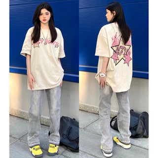 เสื้อยืดแขนสั้น ทรงหลวม พิมพ์ลายตัวอักษร Star Flame สไตล์วินเทจ แฟชั่นฤดูร้อน สําหรับคู่รัก