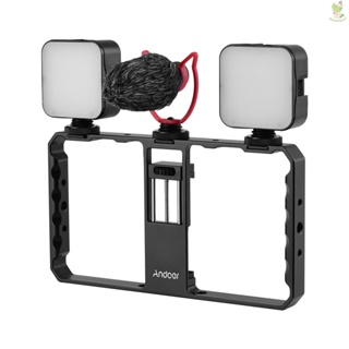 Andoer สมาร์ทโฟนวิดีโอ Rig Grip พร้อม Rig Dual ไฟ LED ไมโครโฟน พร้อมช็อตเมาท์ สําหรับ Vlog Film-m Came-8.9