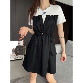 57HX CEL Beaute 2023 autumn and winter new black and white contrast color design drawstring straight beam elastic waist Arc de Triomphe embroidered decorative dress for women