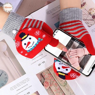 Ahour ถุงมือ แบบหนา ป้องกันลม ลายซานตาคลอส และสโนว์แมน ใส่เล่นคริสต์มาส แฟชั่นฤดูใบไม้ร่วง และฤดูหนาว