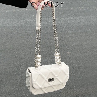 Camidy กระเป๋าผู้หญิง ck ขนาดเล็กที่เป็นที่นิยมเหมือนกันใหม่กระเป๋าโซ่มุกรูปสี่เหลี่ยมขนมเปียกปูน Messenger กระเป๋าสีขาว