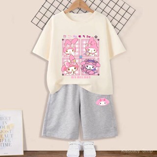 ชุดเสื้อยืดแขนสั้น กางเกงขาสั้น ผ้าฝ้ายบริสุทธิ์ แบบบาง พิมพ์ลาย Melody แฟชั่นฤดูร้อน สําหรับเด็กผู้หญิง