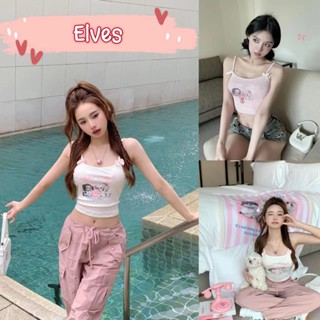 Elves✨พร้อมส่ง✨  เสื้อสายเดี่ยวไหมพรม สีหวานๆ ดีเทลติดโบว์ตรงสาย ลายการ์ตูน~68122-1~ -C