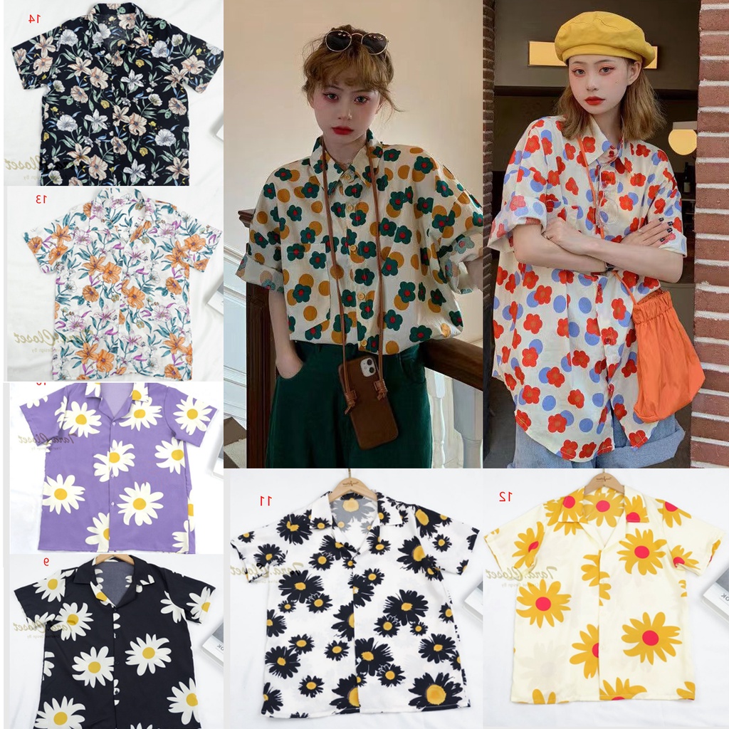 เสื้อเชิ้ตคอปกเเฟชั่นลายดอกไม้-เสื้อคอปกสีทึบ-แขนสั้นหญิง-ฤดูร้อนสไตล์ใหม่ฮ่องกง