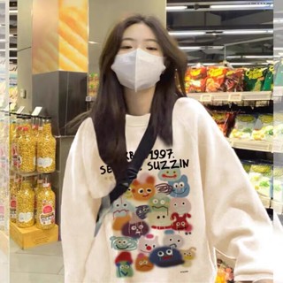 เสื้อกันหนาว คอกลม ทรงหลวม พิมพ์ลายการ์ตูนน่ารัก สไตล์เกาหลี อเมริกัน เรโทร สําหรับผู้หญิง