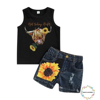 Babyclom- เสื้อกล้าม ผ้ายีน พิมพ์ลายดอกทานตะวัน และกางเกงขาสั้น ผ้ายืด ลําลอง แบบขาด แฟชั่นฤดูร้อน สําหรับเด็กผู้หญิง