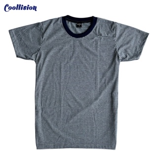 #Coollision-mini-small-เสื้อลายทาง พื้นสีเทาเเถบสีกรมท่าถี่  เสื้อยืดลายทางแขนสั้นคอกลม unisex ผ้าไม่ลื่น ฝ้าย สีไม่ตก