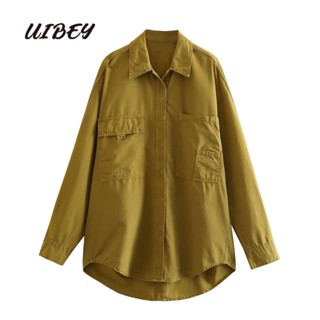 Uibey เสื้อเชิ้ตแขนยาว คอปก ทรงหลวม มีกระเป๋าเสื้อ แฟชั่นสตรี 2167