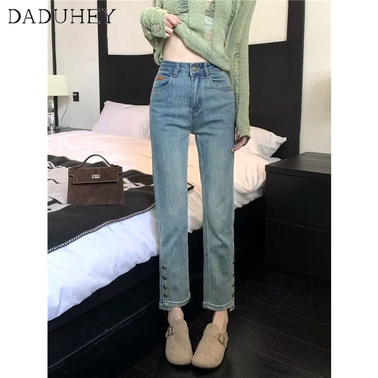 daduhey-new-korean-style-ins-retro-washed-jeans-high-waist-slim-pants-large-size-cropped-pants