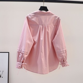 เสื้อเชิ้ตแขนยาวผู้หญิง เสื้อเชิ้ตทรงหลวม แต่งจับจีบ สีชมพู สไตล์เกาหลี ผ้าฝ้าย แฟชั่นสําหรับผู้หญิง สาวอวบใส่ได้