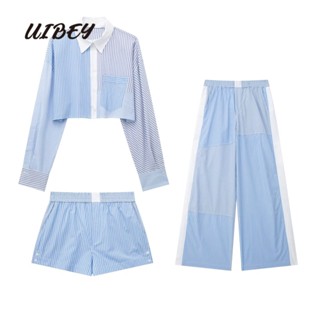 Uibey เสื้อเชิ้ตแขนยาว คอปก + กางเกงขาสั้น เอวสูง รัดรูป 8481