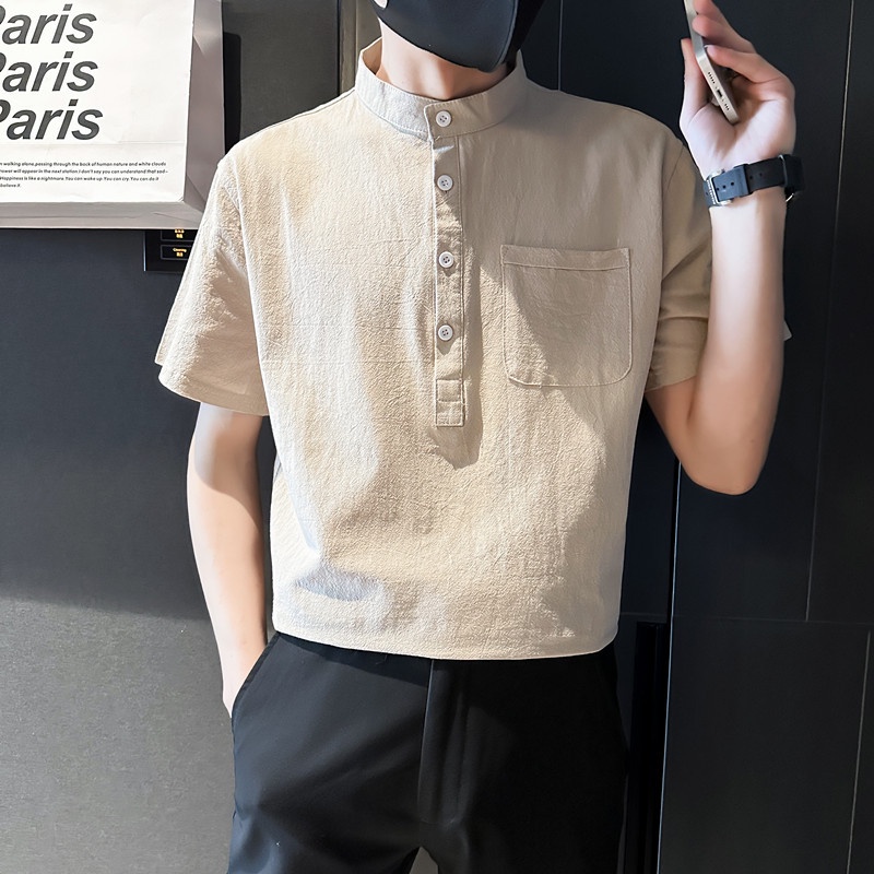 เสื้อเชิ้ตแขนสั้นลําลอง-ผ้าฝ้าย-และผ้าลินิน-คอปกสูง-ทรงหลวม-สีขาว-แบบเรียบง่าย-สําหรับผู้ชาย-slc08