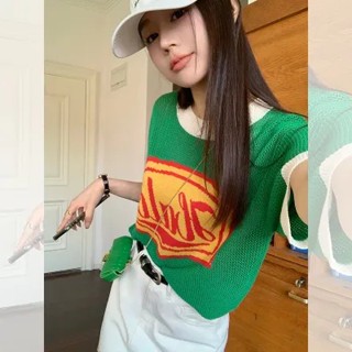 เสื้อถักลําลอง แขนสั้น ผ้าลินิน ฉลุลายตัวอักษร สไตล์อเมริกัน 0VZG