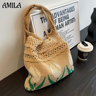 AMILA กระเป๋าดอกไม้ Tulip Tote Bag แฟชั่นย้อนยุคของยุโรปและอเมริกา กระเป๋าสะพายข้างผ้าวูลคัทเอาท์ แมตช์แบบสบาย ๆ การท่องเที่ยวชายทะเล