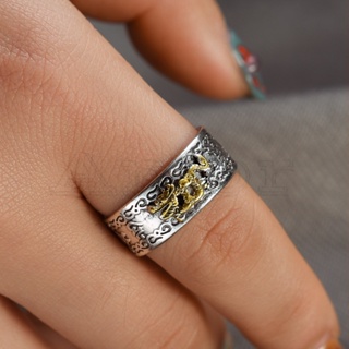 แหวนแฟชั่น รูปมังกรนําโชค แกะสลัก เพื่อความปลอดภัย ปรับได้ สไตล์เรโทร สําหรับผู้ชาย และผู้หญิง
