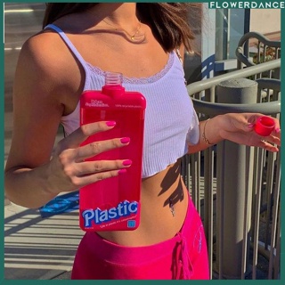 Ins Flat Square Drinking Cup Barbie Pink Urban Plastic Water Bottle Tumbler Summer Student Drinking Cup Fashion Sports Bottle For Outdoor Travel ดอกไม้