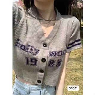 เสื้อคาร์ดิแกนแขนสั้น คอวี แต่งกระดุม สไตล์เกาหลี เรโทร แฟชั่นฤดูร้อน 1988 MC N26T