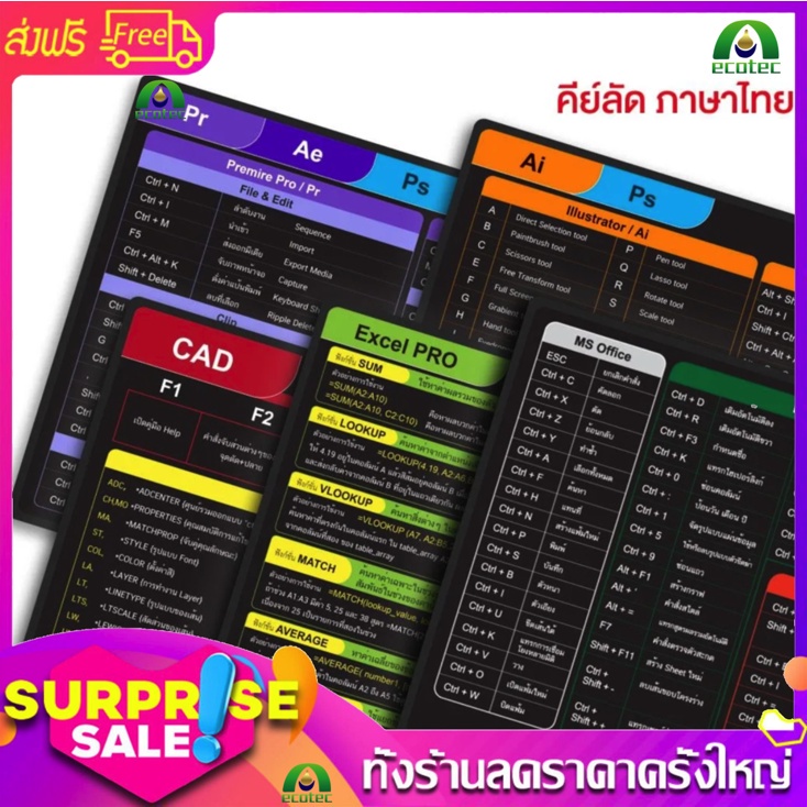 แผ่นรองเมาส์คีย์ลัดภาษาไทย ขนาดใหญ่ ของขวัญ แผ่นรองคีย์บอร์ด อุปกรณ์ ...