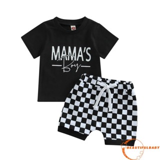 Beauty-baby ชุดเสื้อยืด แขนสั้น พิมพ์ลายตัวอักษร และกางเกงขาสั้น ผ้ายืด พิมพ์ลายหมากรุก แฟชั่นฤดูร้อน สําหรับเด็กผู้ชาย