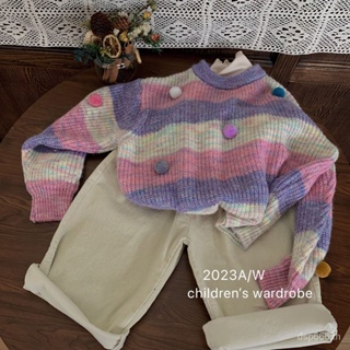 Korean style childrens clothing 2023 Autumn New girls rainbow stripe ball sweater all-match bottoming shirt trousers three-piece FFWG
