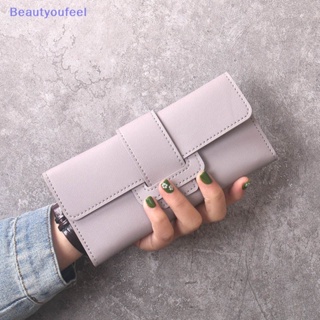 [Beautyoufeel] กระเป๋าสตางค์ หนัง PU ใบยาว พับได้ สีพื้น สําหรับใส่เหรียญ โทรศัพท์