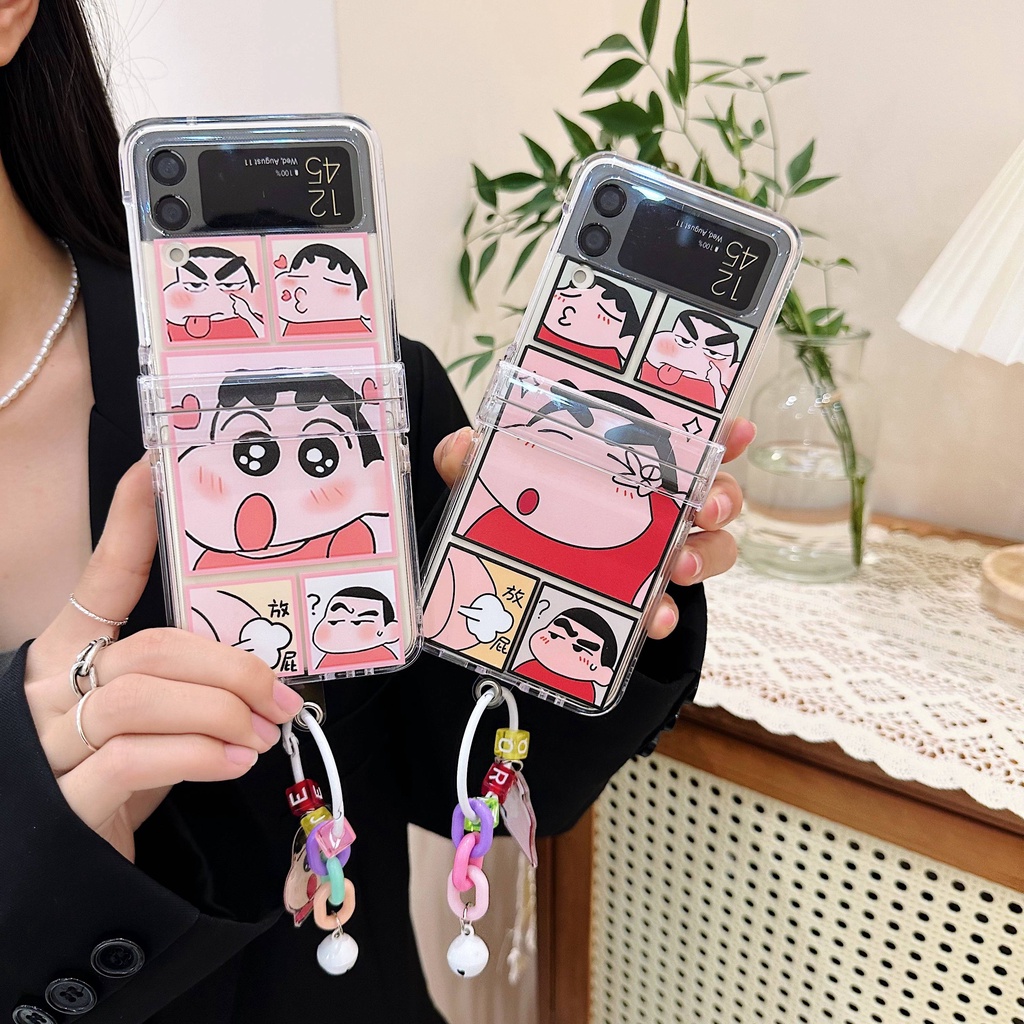 เคสโทรศัพท์มือถือ-pc-แข็ง-กันกระแทก-ลายการ์ตูนชินจังน่ารัก-พร้อมสายโซ่คล้อง-สําหรับ-samsung-galaxy-z-flip-4-5g-3in1-z-flip-3