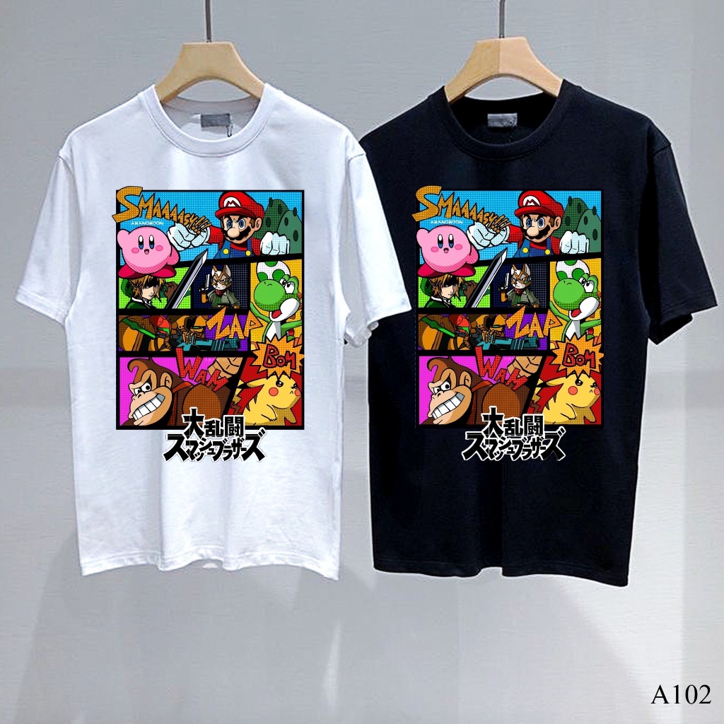 a102-เสื้อยืดคอกลอม-สีขาวดำลายการ์ตูน