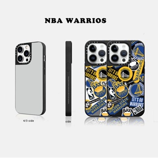 Casetify X NBA WARRIOS เคสโทรศัพท์มือถือแบบกระจกแข็ง ลายโลโก้แกะสลักตัวอักษร สีดํา สีเงิน สําหรับ IPhone 12 13 14 Pro Max