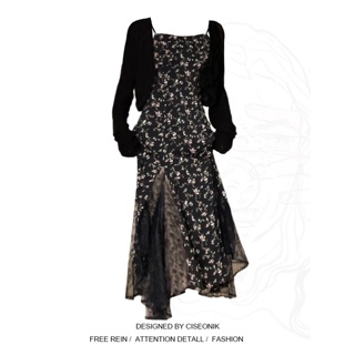Large size fat mm lace rose dress tea break French flower suspender dress female designer high-end splicing suit